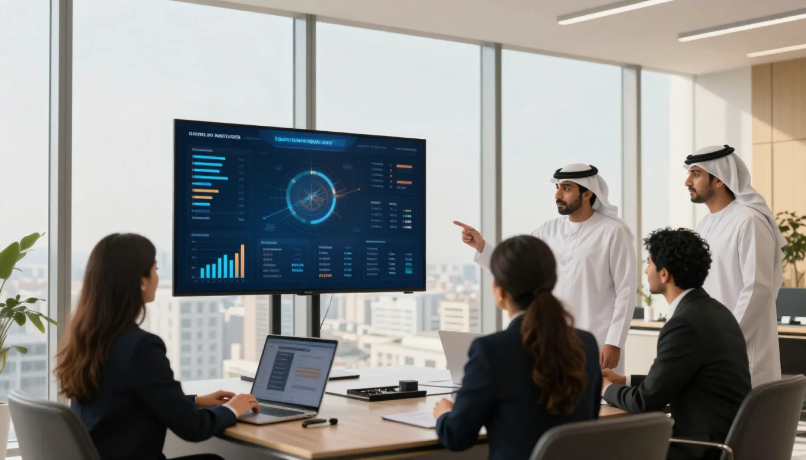 فريق استشارات مالية في اجتماع أمام لوحة مؤشرات